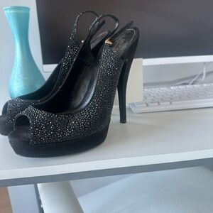 Gucci Black Crystal Slingback Peep-Toe Heels